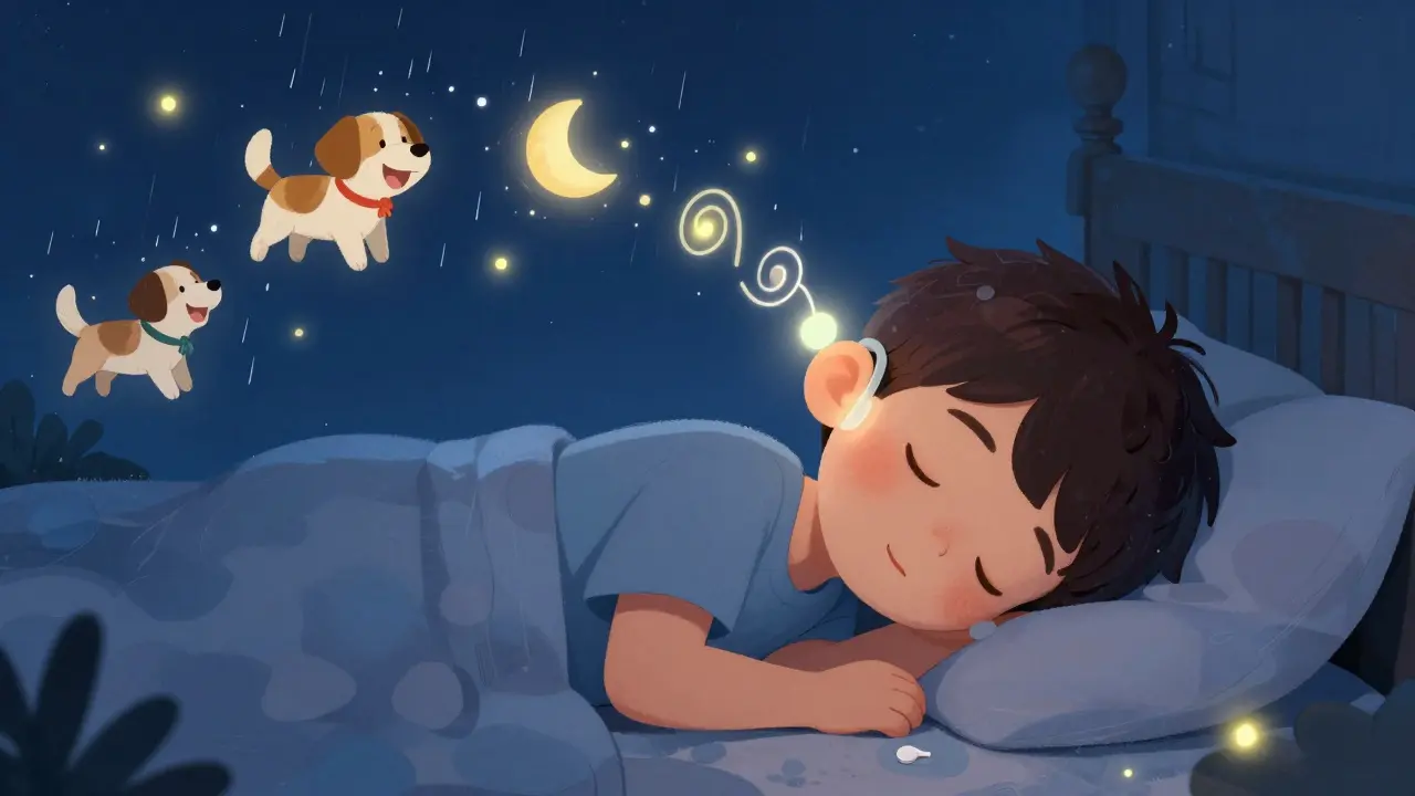 A sleeping child with a hidden implant sending gentle sound waves through their skull, bringing dreams of everyday sounds to life.