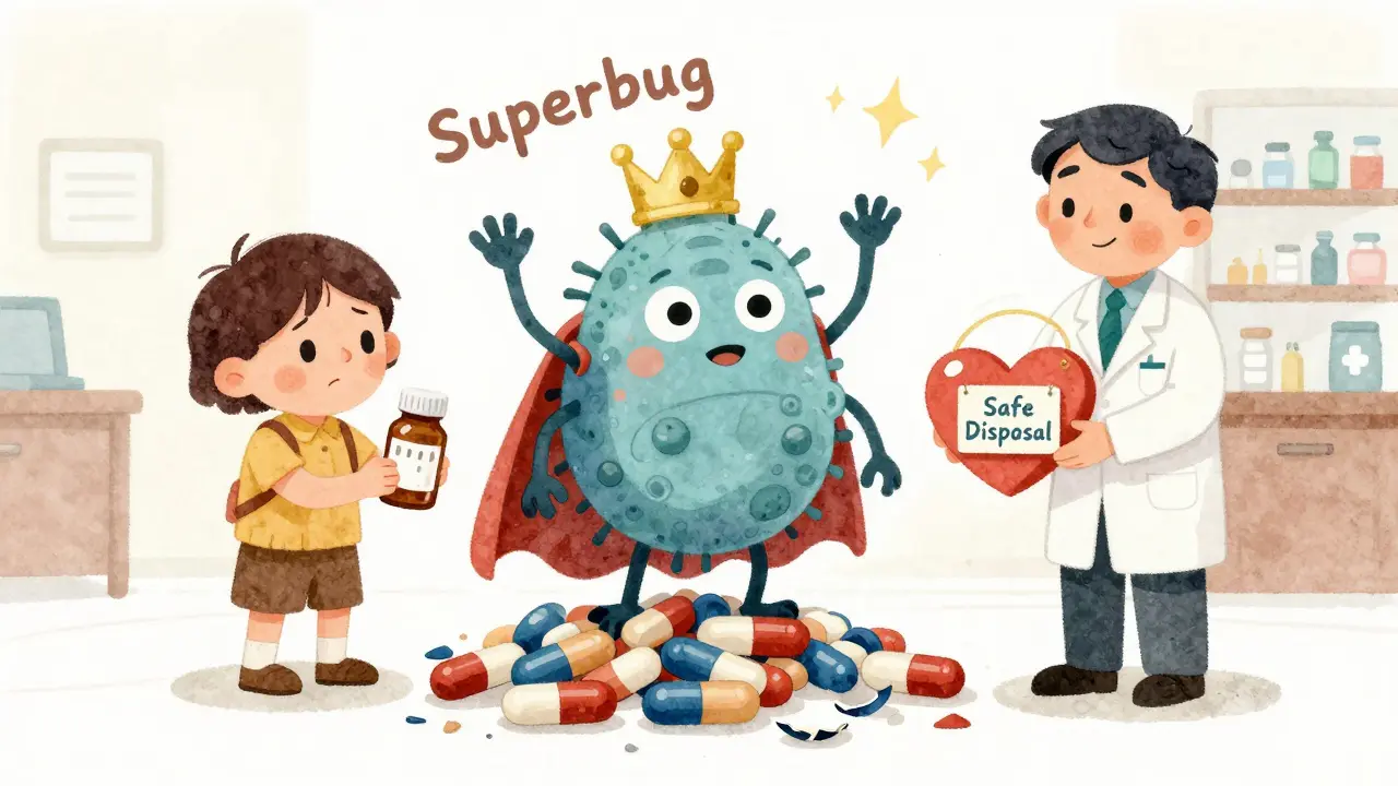 A superbug crown on broken pills while a child and pharmacist face a recycling bin.