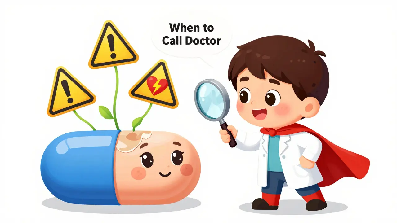 A superhero child examining a pill with warning signs, surrounded by checklist bubbles for when to seek help.