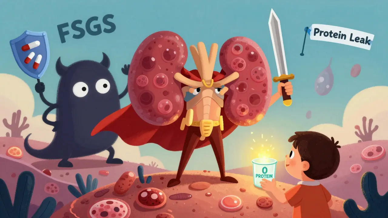 A superhero kidney defeating disease villains with a steroid shield and rituximab sword, a child watching proudly.
