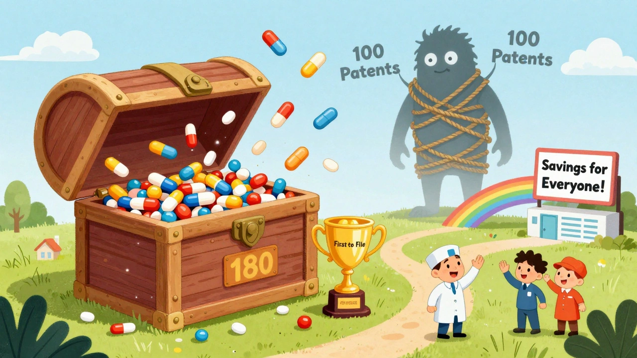 A treasure chest bursts with generic pills raining down on a joyful town, while heroes celebrate a &#039;First to File&#039; trophy as a tangled patent monster fades.