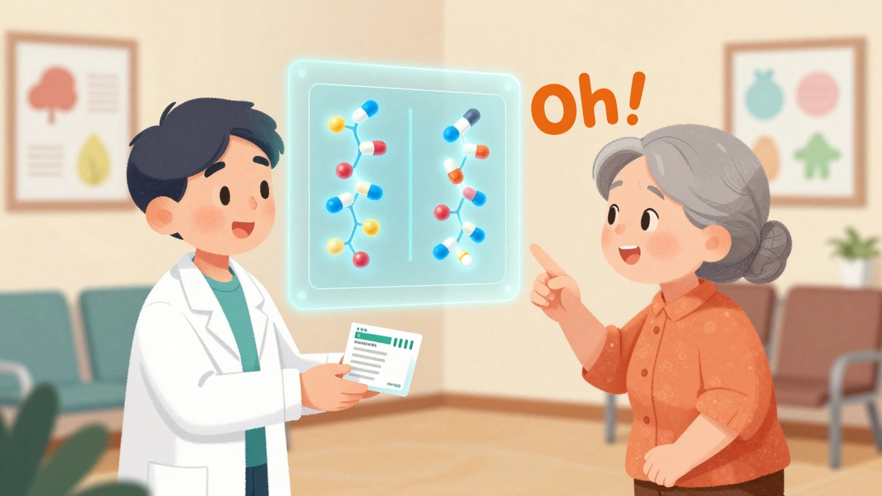 An elderly woman receiving a prescription as a hologram shows brand and generic pills dissolving identically beside her.