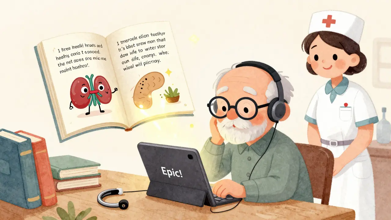 An older man listening to a read-aloud health story on a tablet, with illustrated characters floating around him.