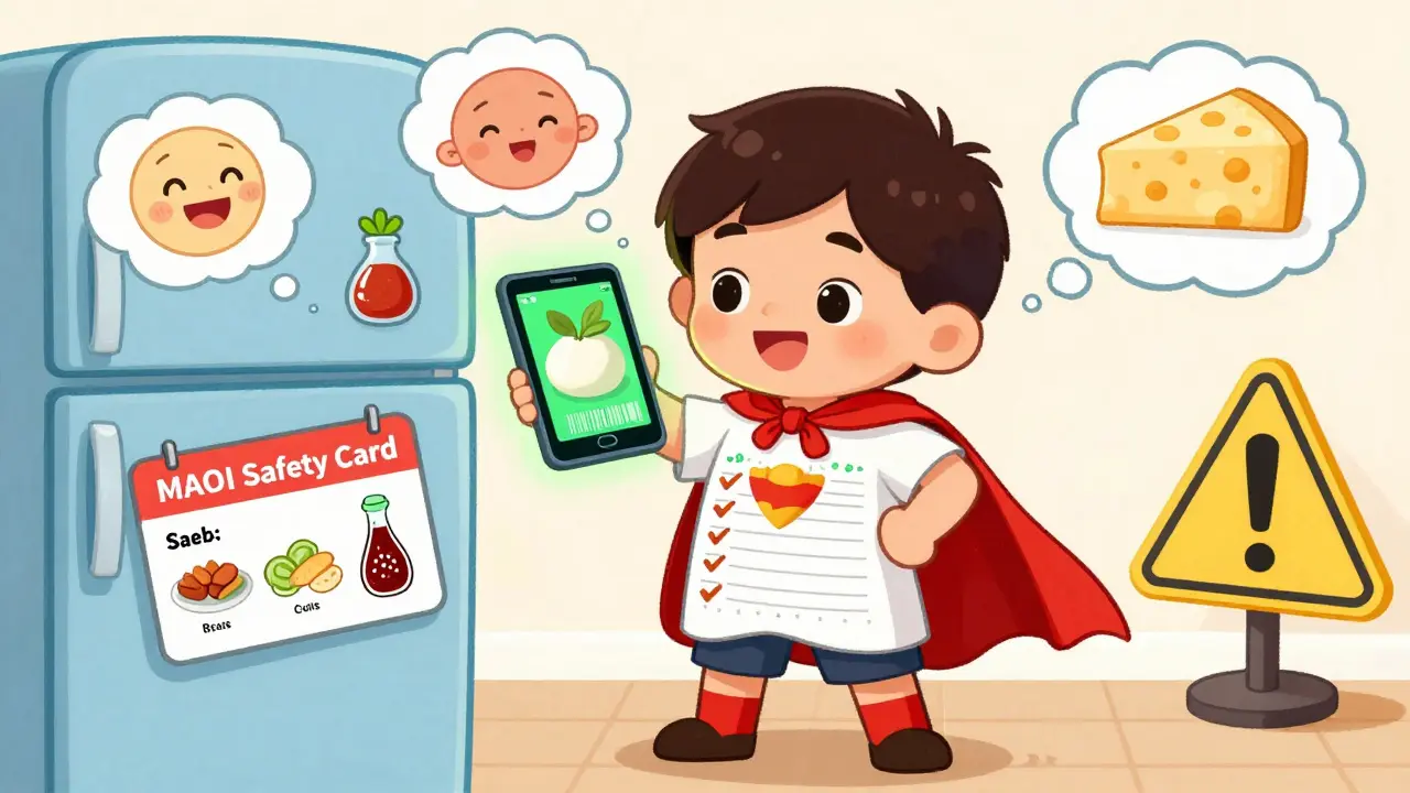 Child as superhero using app to scan foods, safe choices glowing green, caution signs over tyramine-rich items.