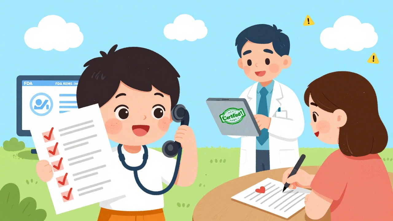 Child checking off REMS steps with a doctor and patient signing a form in a bright pharmacy setting.