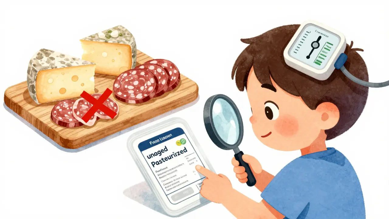 Child reading food labels with magnifying glass, safe foods highlighted, risky foods crossed out.