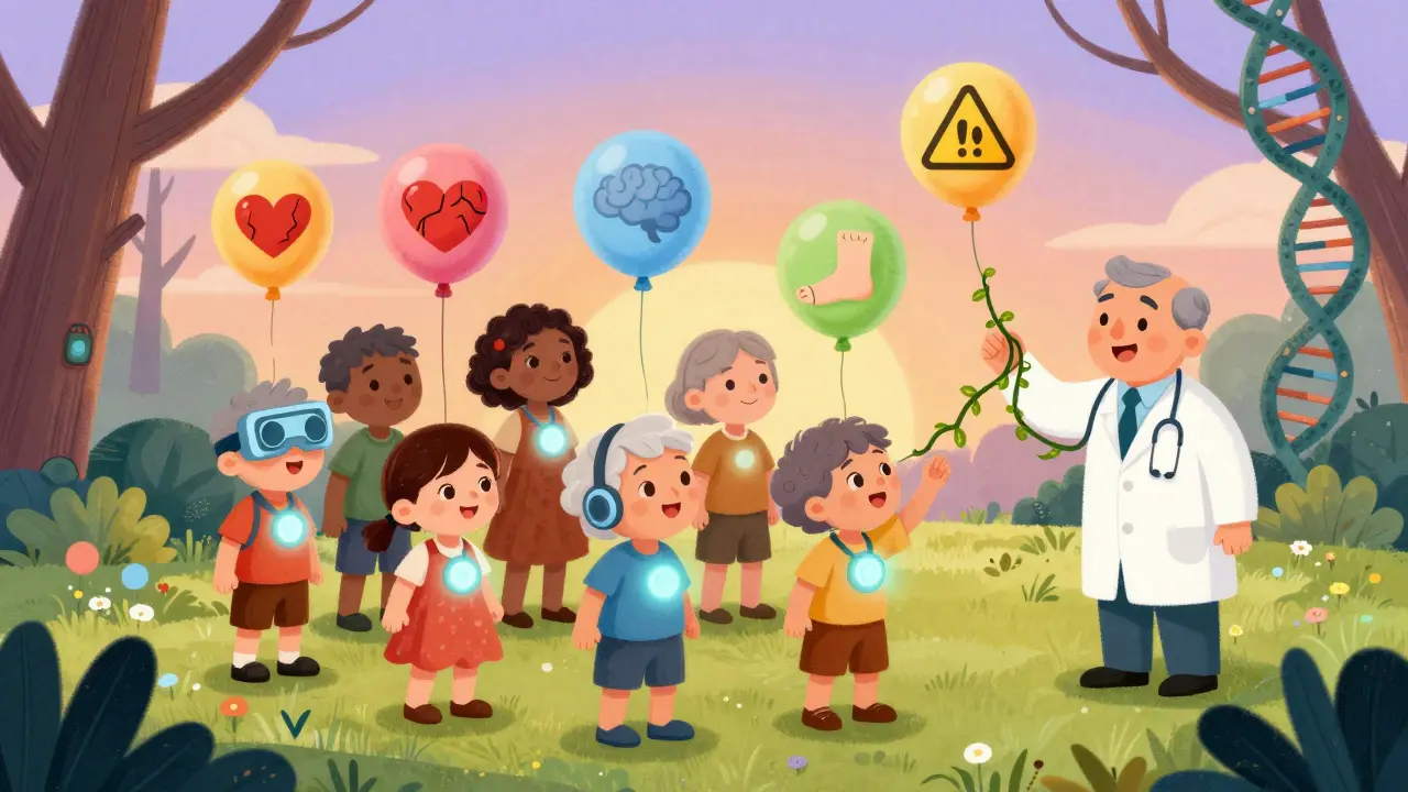 Diverse people with glowing wearables, floating side effect balloons, and a doctor with vine stethoscope catching them.