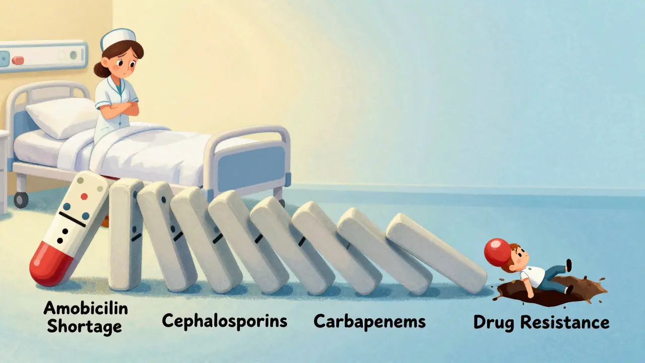Dominoes falling from antibiotic shortage to drug resistance, with a person tumbling into a dark pit.