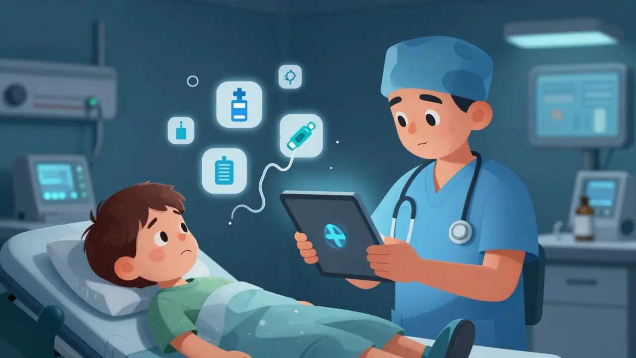 ER doctor using a medical dosing app during an emergency, with medication icons floating nearby.