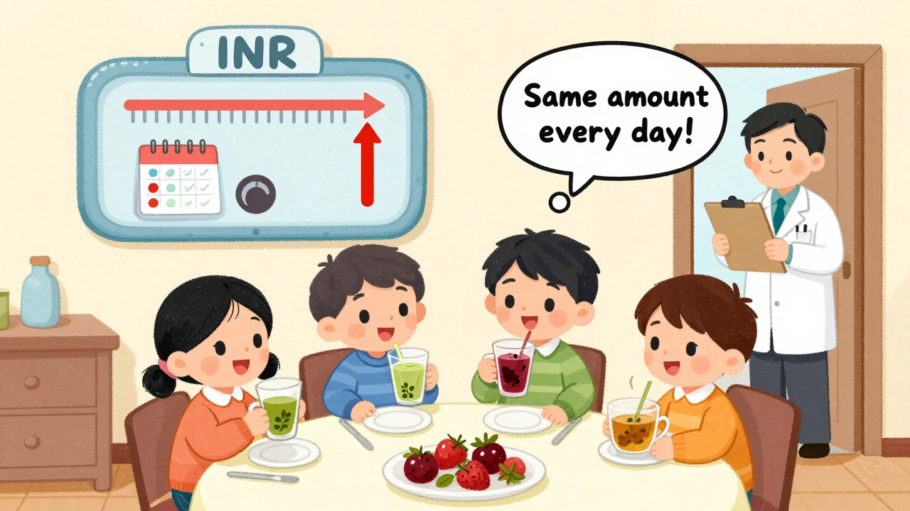 Family breakfast with different drinks and a cartoon INR meter showing stable tea intake.