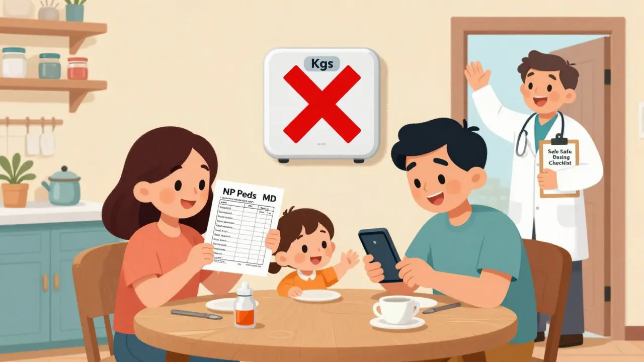 Family using a printed dosing chart and app together at home, with weight units clearly shown.