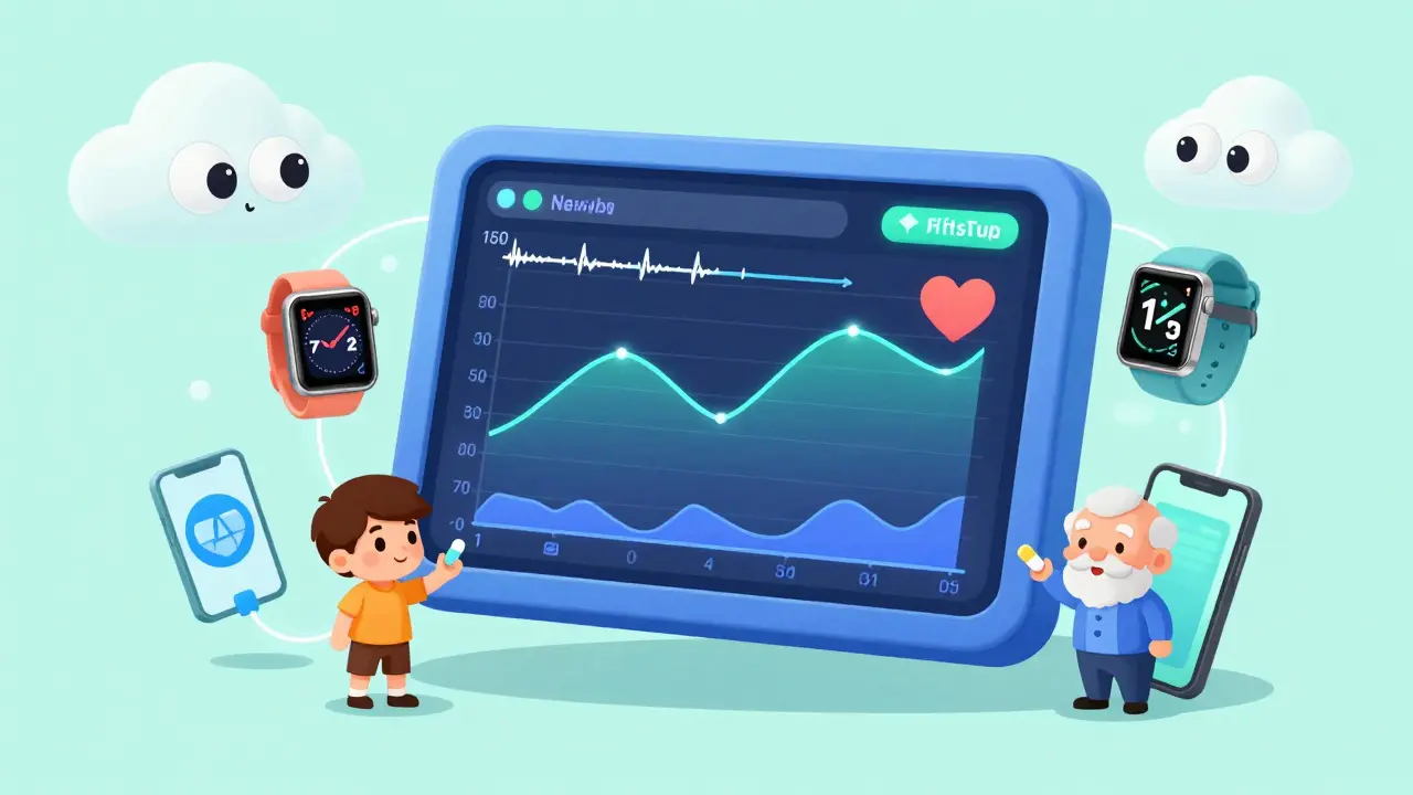 Floating digital dashboard with wearable devices and AI eyes showing health trends in pastel colors.