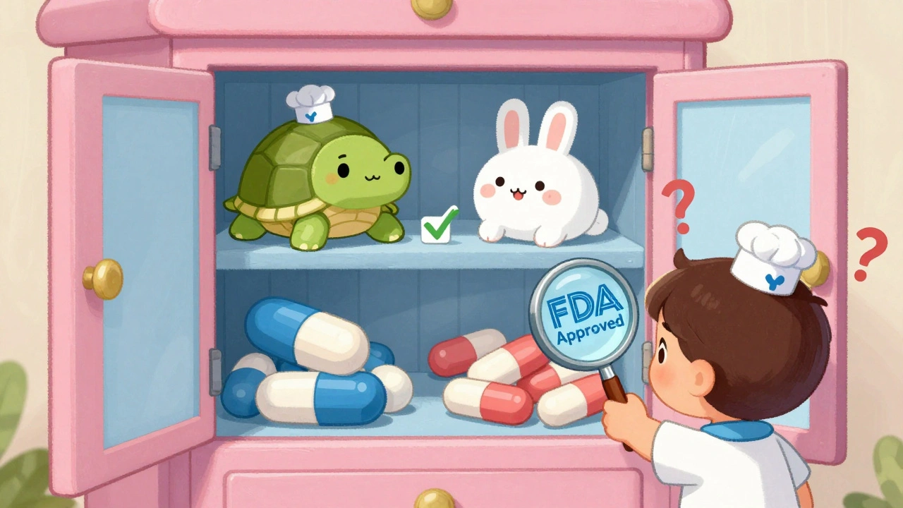 Friendly pill animals in a magic cabinet, each wearing a pharmacist hat, with a child checking them with a magnifying glass.