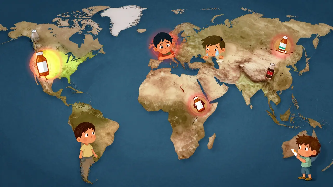 Globe with empty antibiotic bottles in Africa and South Asia, and dwindling supplies in wealthy regions.