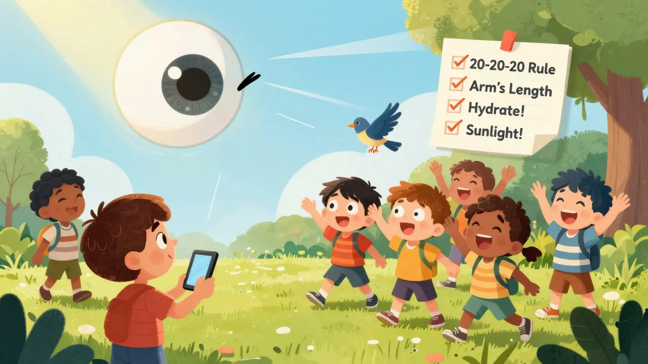 Kids in a park following the 20-20-20 rule, looking away from screens at a bird, with a winking eye in the sky.