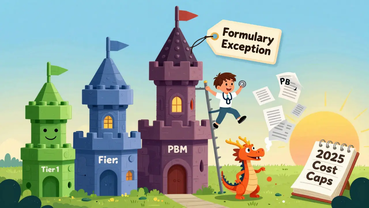 Magical castle with five towers representing formulary tiers, a child climbing a ladder toward a rulebook as a dragon breathes rebates.