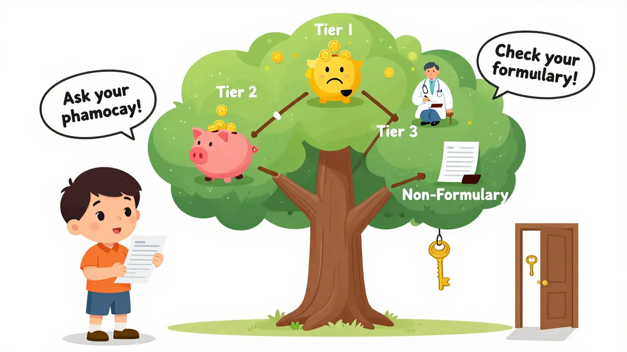 Patient standing before a decision tree with formulary tiers leading to different outcomes, with doctor and pharmacist nearby.