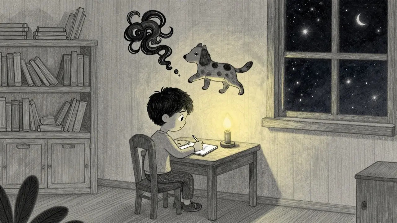 Someone writes down a nightmare at night, while a calmer version floats above.