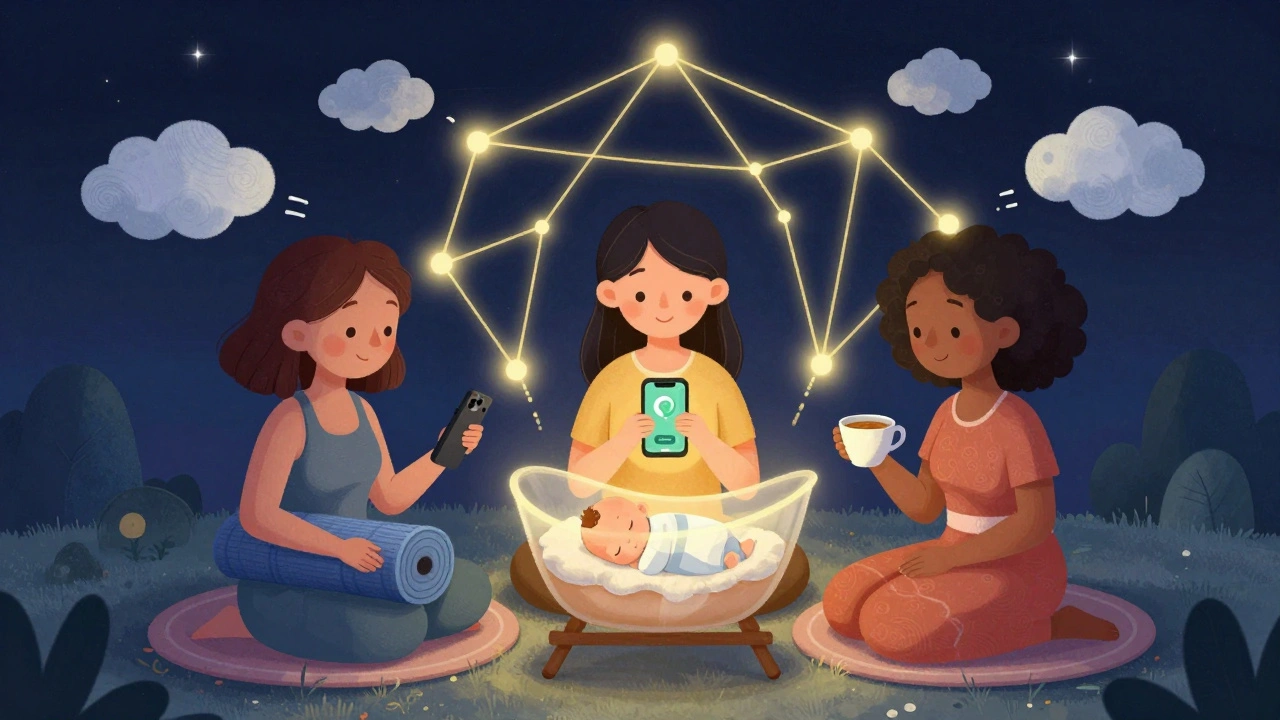 Three mothers sit in a circle under a starry sky, connected by golden threads, with calming tools and a sleeping baby at the center.