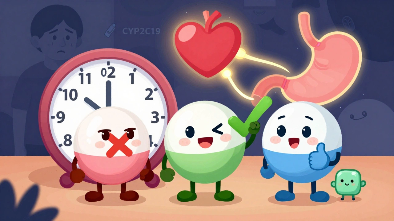 Three pill characters showing which PPIs are safe with clopidogrel, with a clock showing the critical first 30 days.