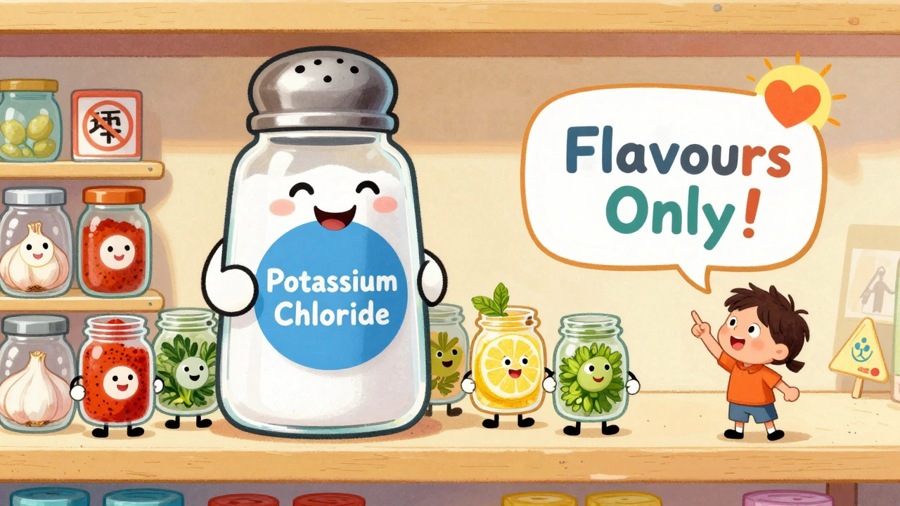 Tiny herb heroes pushing away a dangerous salt shaker while safe seasonings take its place.