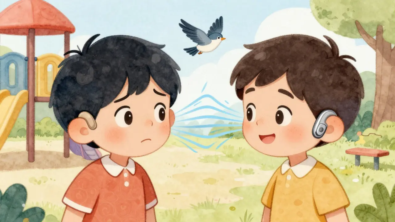 Two children comparing hearing devices—one with earbuds, one with a behind-the-ear bone-conduction device—sound flowing clearly to both ears.