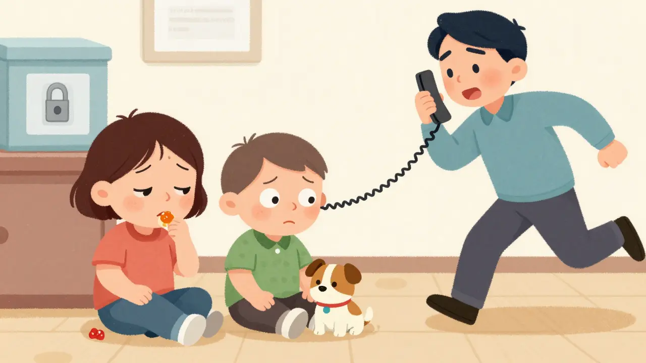 A child and dog looking drowsy after eating gummy vitamins, while a parent calls poison control with a locked medicine box in the background.