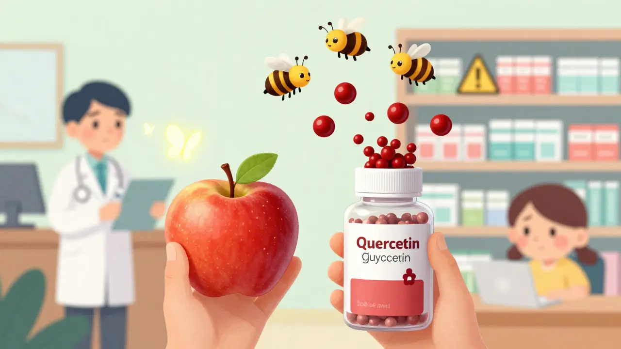 A child beside an apple and supplement bottle — harmless butterflies vs angry red quercetin bees.