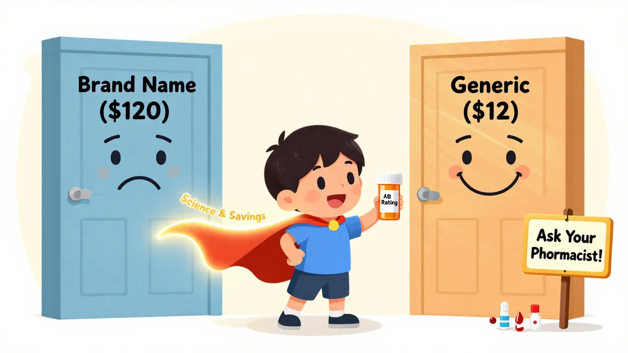 A child holding an AB-rated pill bottle between expensive and cheap medicine doors.