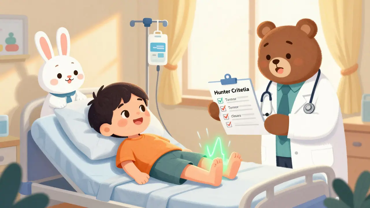 A child in a hospital bed with medical animals checking for clonus and other serotonin syndrome signs.