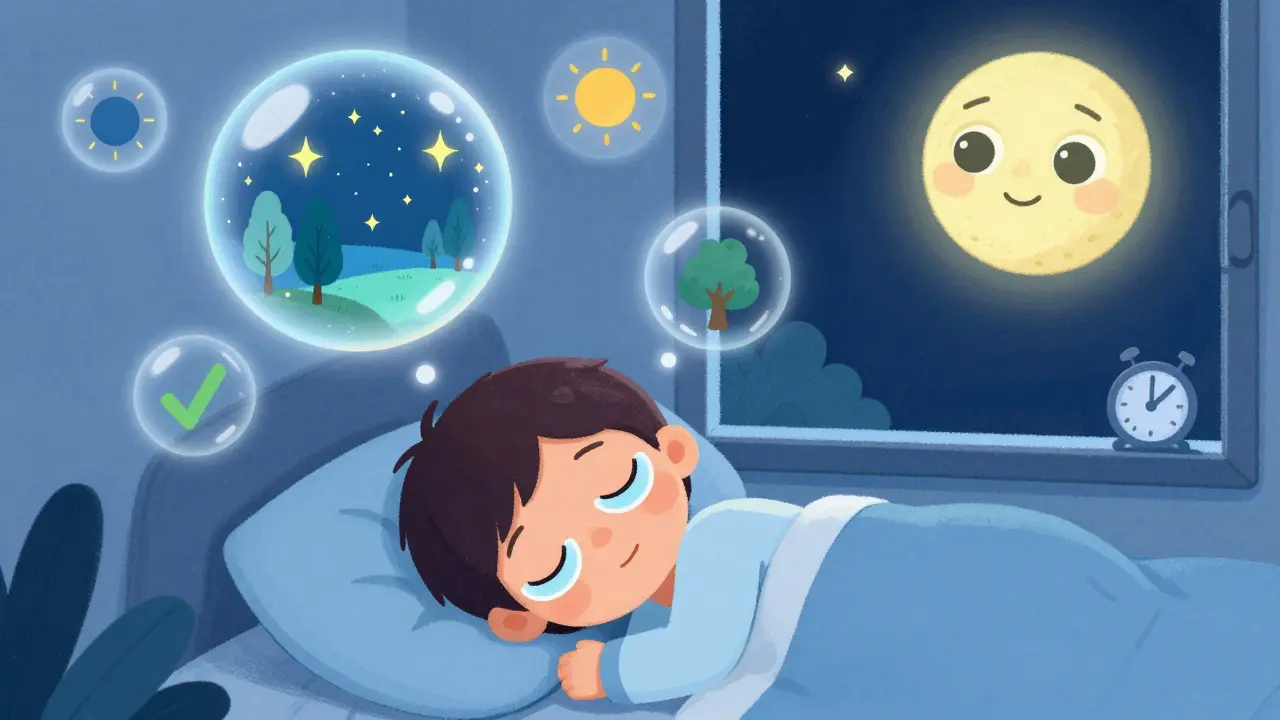 A child sleeping with overnight lenses, dreaming of clear vision under a friendly moon.