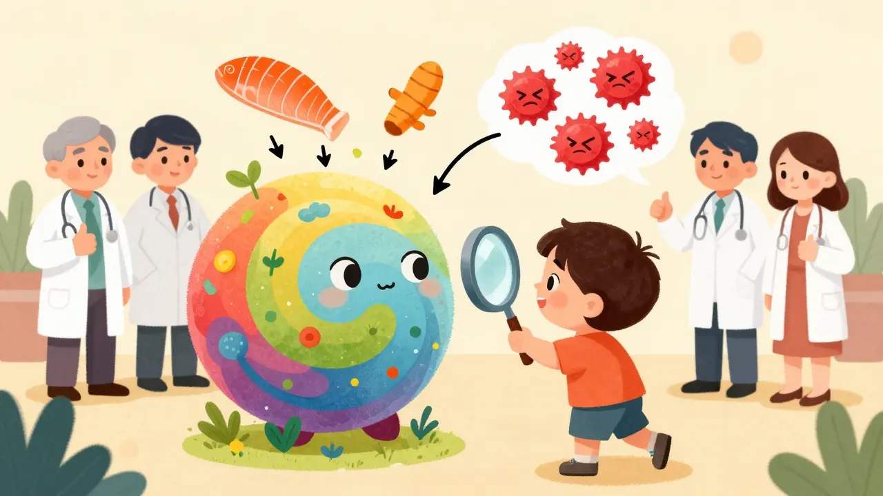 A child using a magnifying glass to see healthy gut bacteria calming immune cells, in a whimsical children's book style.