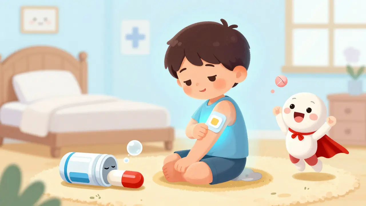 A child wearing a glowing patch while a sleepy pill rests on the floor and a happy superhero pill dances nearby in a cozy room.