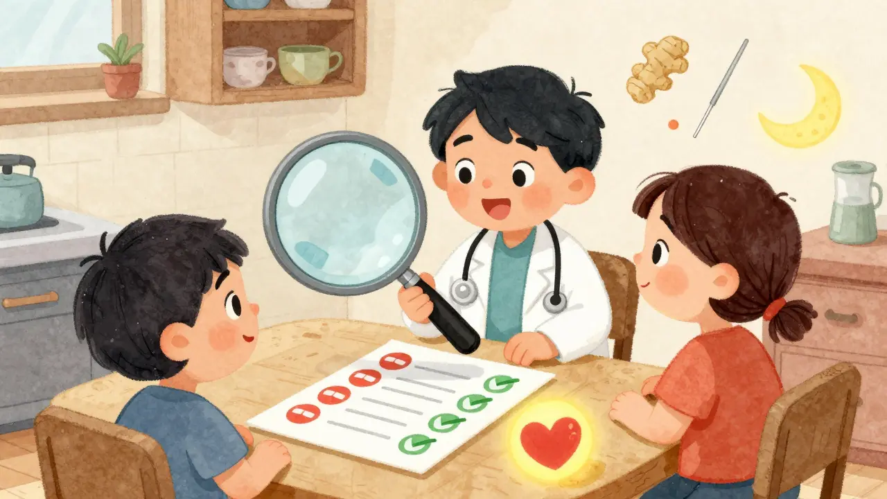 A doctor and patient at a kitchen table with pills marked safe or unsafe, a glowing heart, and natural alternatives like ginger and moon floating nearby.