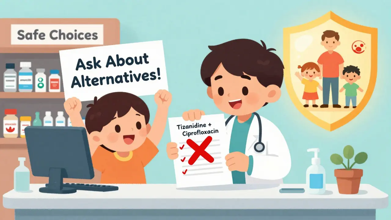 A doctor and pharmacist crossing out a dangerous drug combo, while safe antibiotics smile on a shelf.