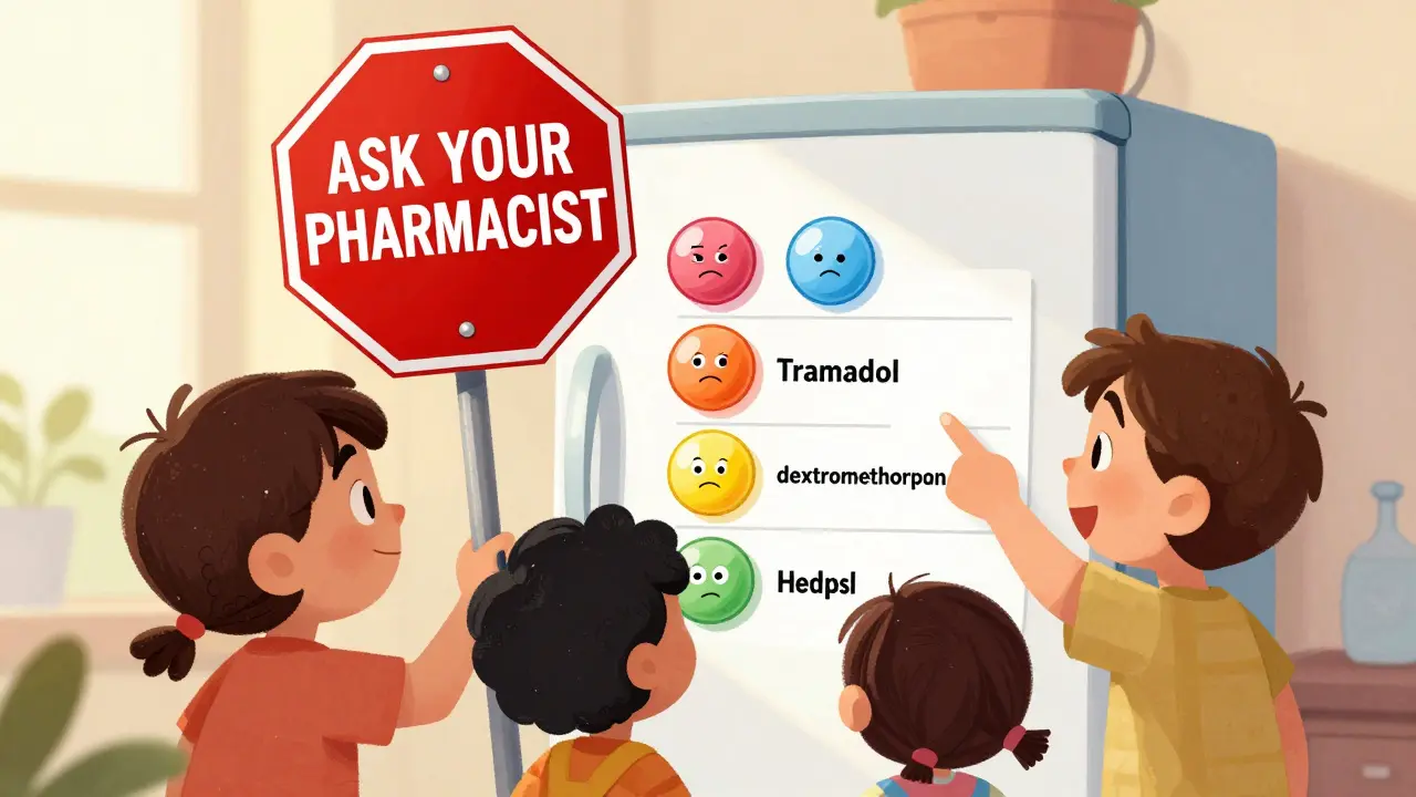 A family reviewing a colorful medication chart with a giant stop sign warning to ask a pharmacist.