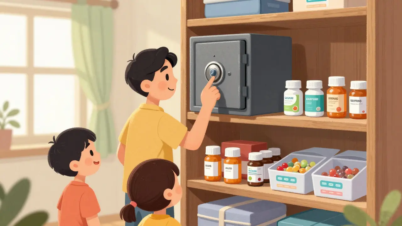A family storing medications in a locked safe on a high closet shelf, with separate labeled containers for human and pet meds.