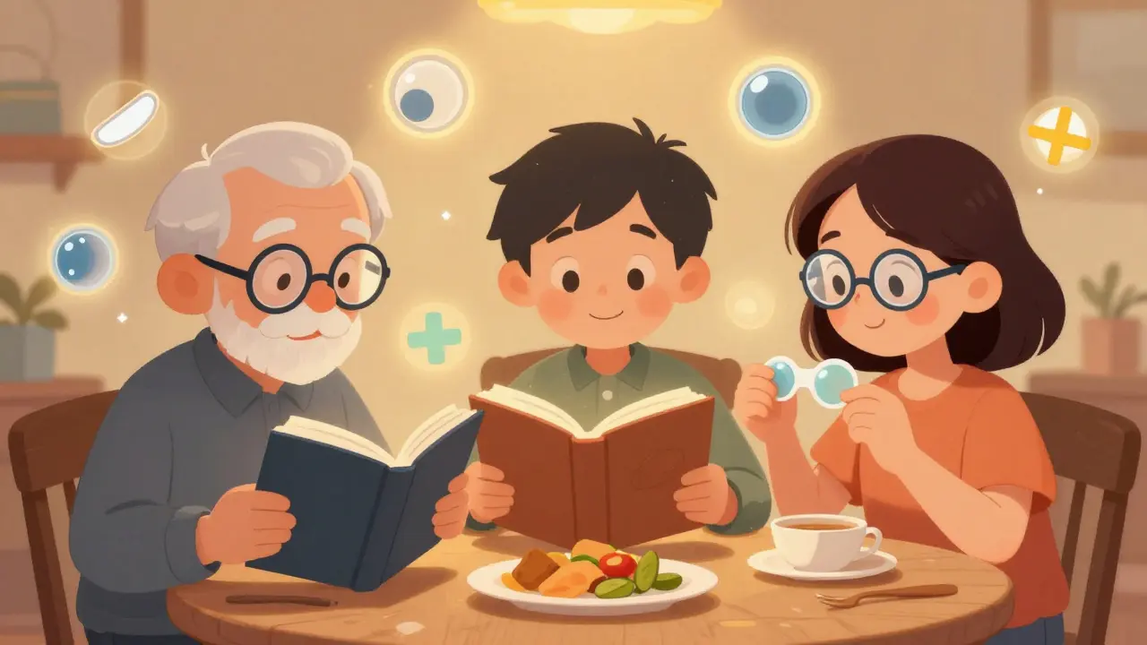 A family wearing different types of corrective lenses, with floating lens shapes around them.