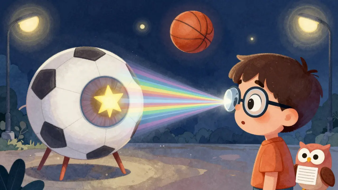 A football-shaped cornea splitting light rays, corrected by cylindrical glasses, with a star focusing on the retina.