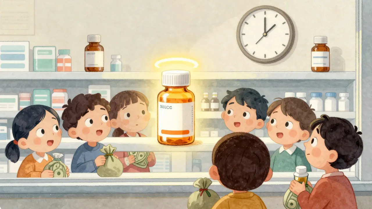 A glowing first generic bottle blocks others on a pharmacy shelf, while patients wait outside with hopeful expressions.