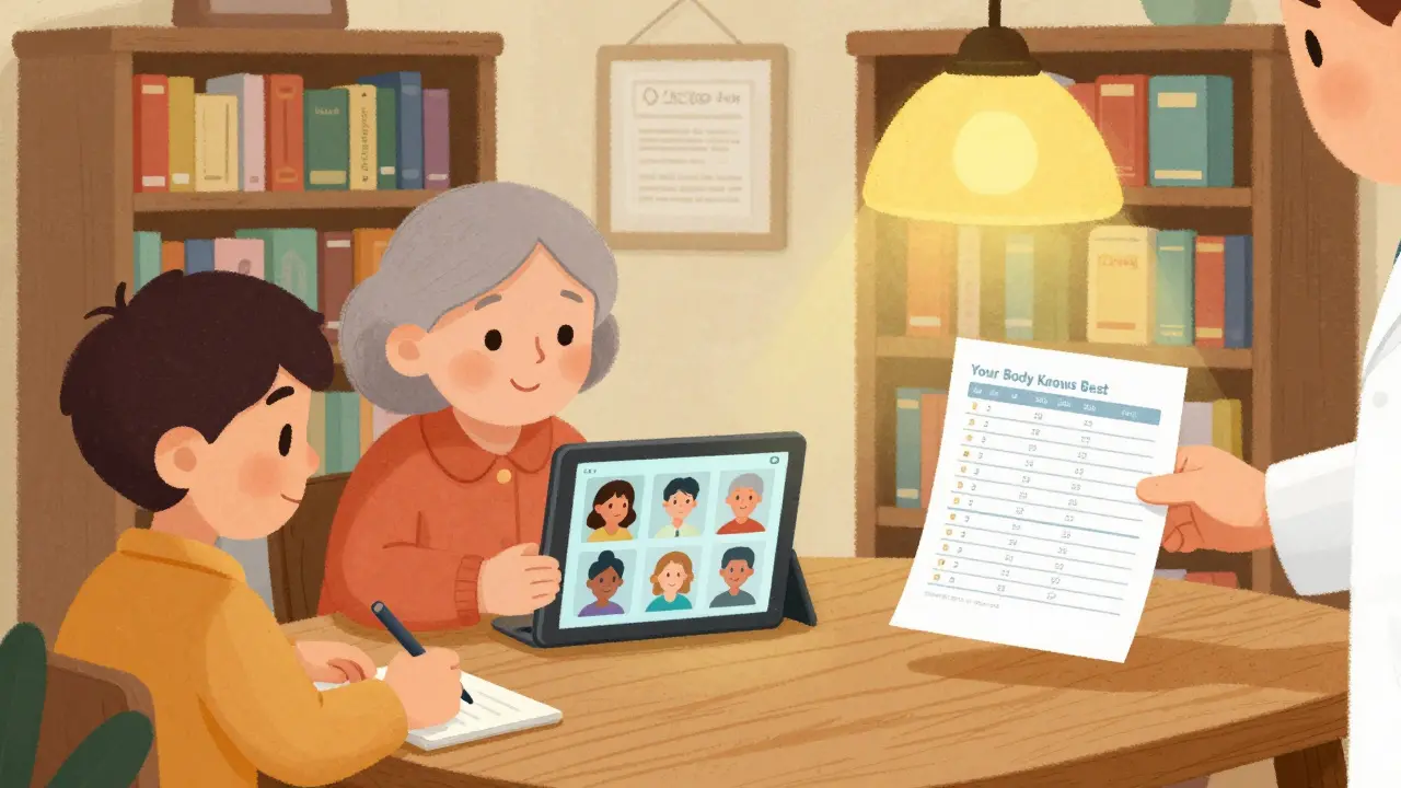 A grandmother and teen in a library use a tablet to join an online support group for generic medication users.