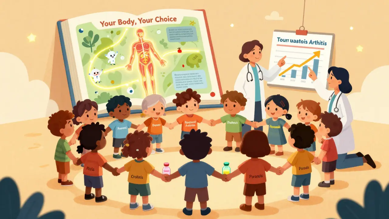 A group of patients hold vials and stand in a circle as a book opens to show a glowing body map and supportive healthcare workers.