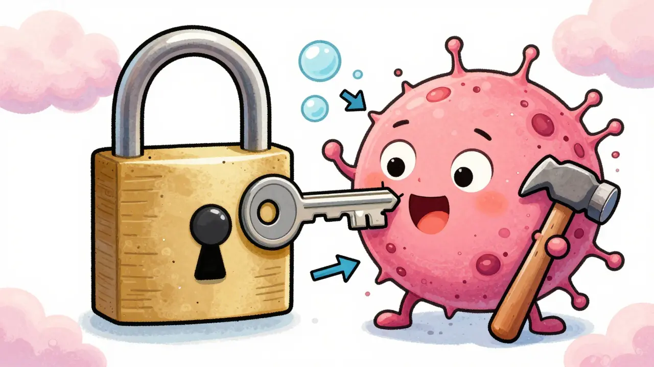 A lock-and-key scene where drugs either turn or jam receptors on a cell, illustrated like a playful children's story.