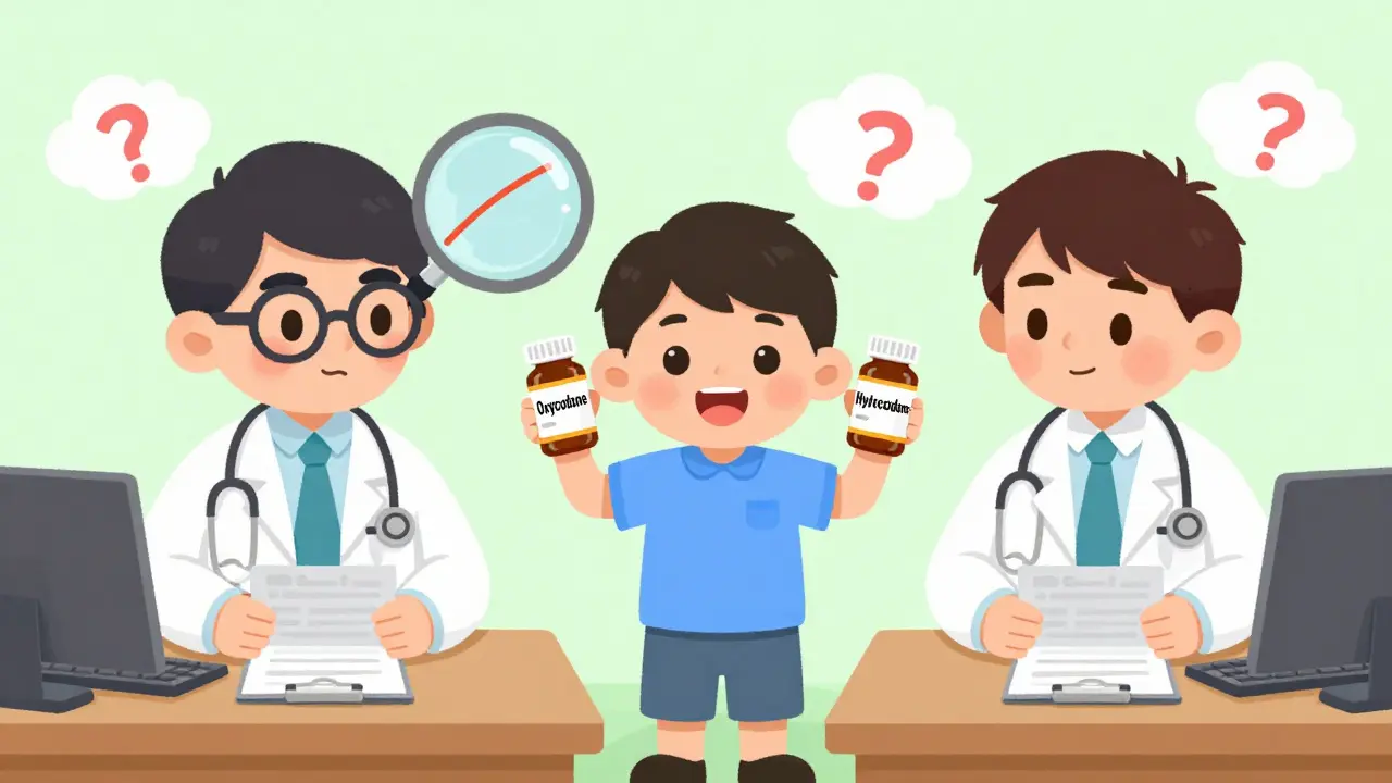 A patient holds two different pain prescriptions while doctors work separately unaware.