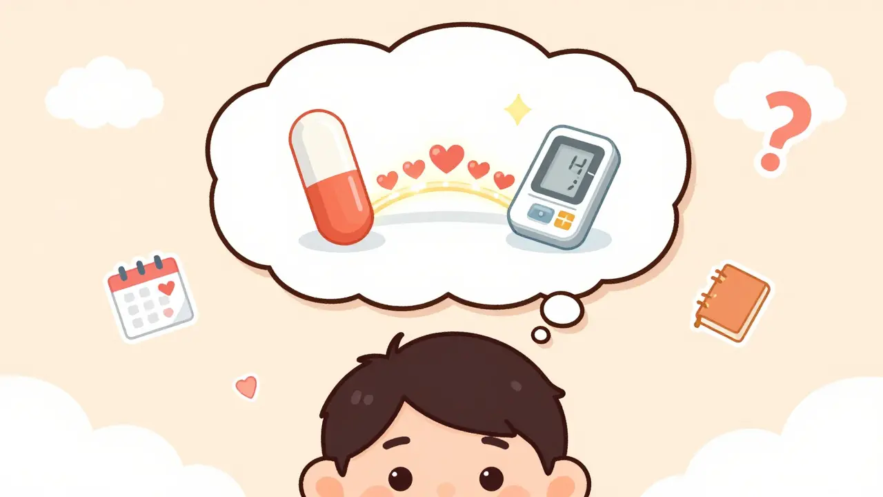 A person's thought bubble shows a bridge connecting branded and generic pills with heart icons and health symbols.