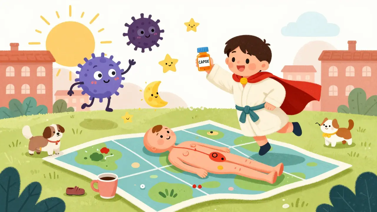 A person in a superhero cape taking chemo pills while friendly molecules fight cancer blobs.