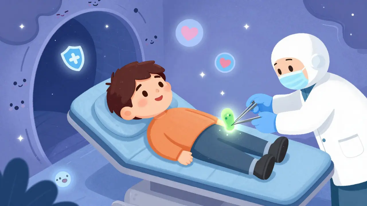 A person on a cozy exam table as friendly polyps are gently removed from a smiling colon tunnel.