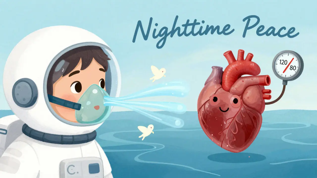 A person wearing a friendly CPAP mask with oxygen fairies flowing in, their heart smiling in a calm blue blood ocean.