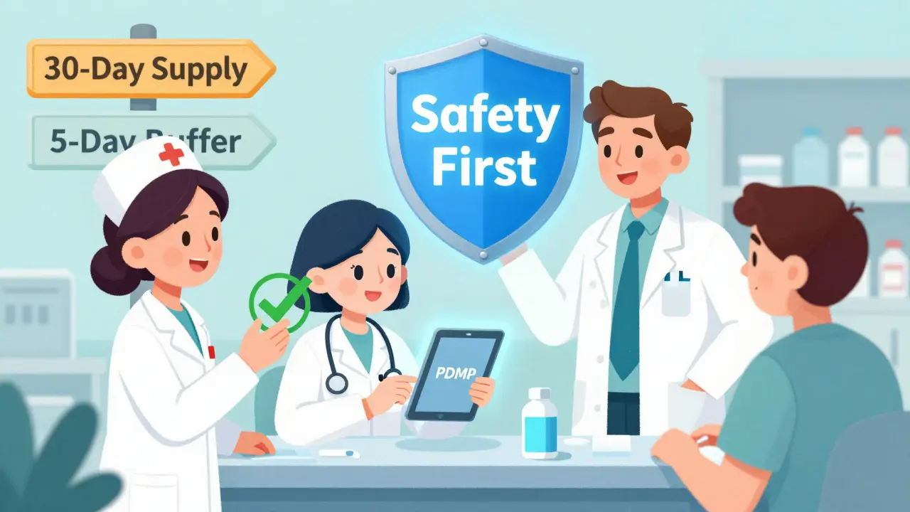 A pharmacy team uses technology and teamwork to ensure safe medication refills.