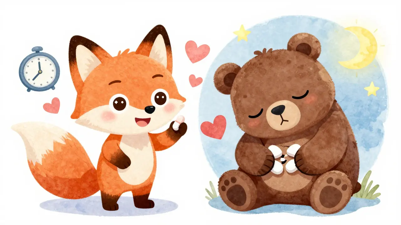 A smiling fox with energy and hearts contrasts a sleepy bear with a broken heart symbol, illustrating bupropion vs. SSRI effects on libido and alertness in a soft illustrated style.